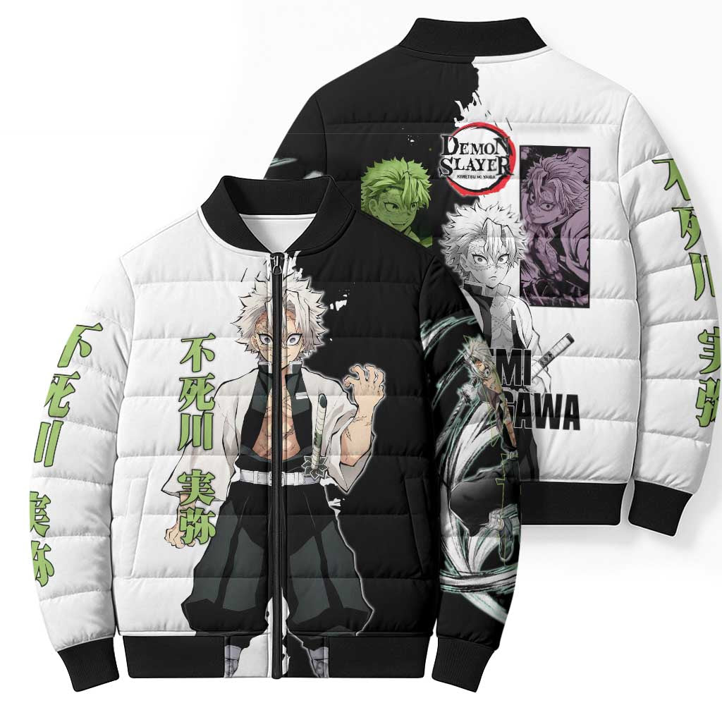 Sanemi Shinazugawa from Demon Slayer Bomber Puffer Jacket with Black and White Split Background and Intense Battle-Ready Manga Style Design - The Mazicc