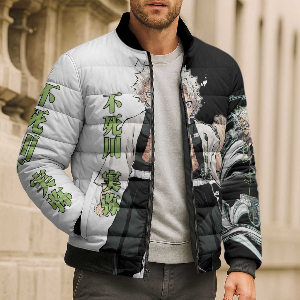 Sanemi Shinazugawa from Demon Slayer Bomber Puffer Jacket with Black and White Split Background and Intense Battle-Ready Manga Style Design - The Mazicc