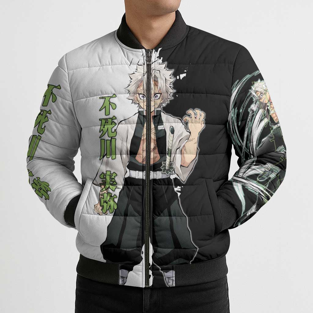 Sanemi Shinazugawa from Demon Slayer Bomber Puffer Jacket with Black and White Split Background and Intense Battle-Ready Manga Style Design - The Mazicc
