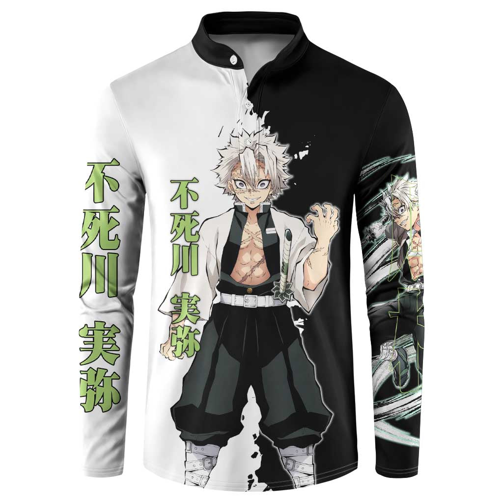 Sanemi Shinazugawa from Demon Slayer Button Sweatshirt with Black and White Split Background and Intense Battle-Ready Manga Style Design - The Mazicc