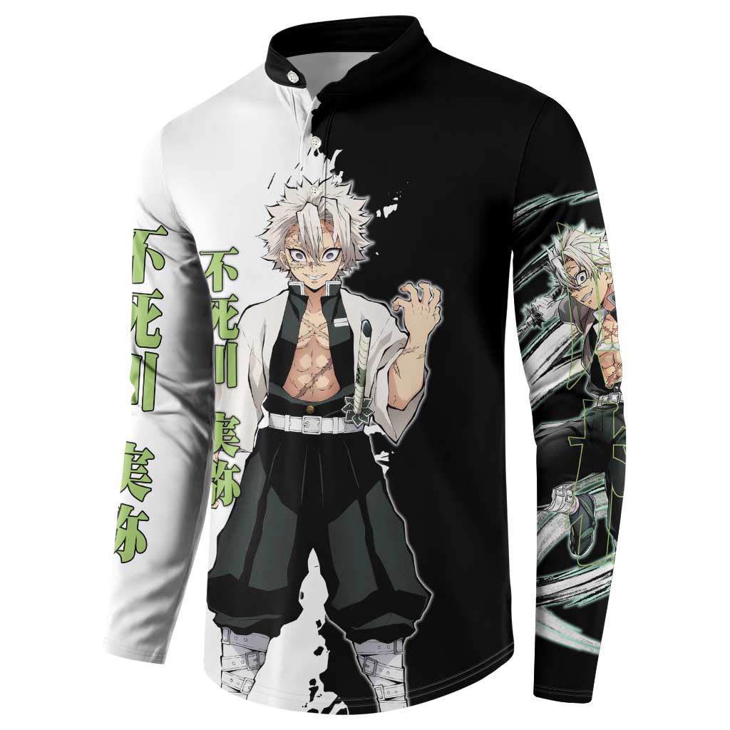 Sanemi Shinazugawa from Demon Slayer Button Sweatshirt with Black and White Split Background and Intense Battle-Ready Manga Style Design - The Mazicc