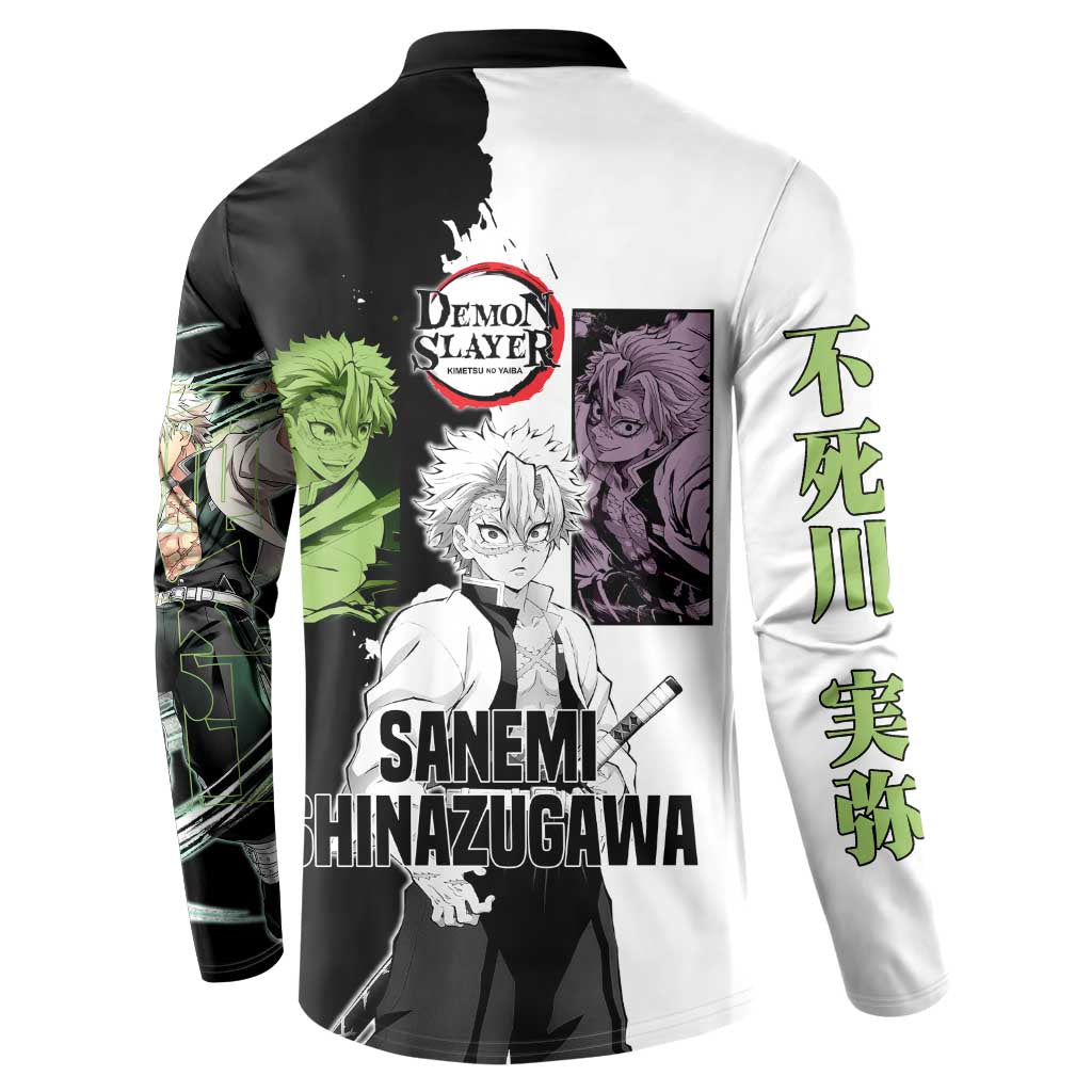 Sanemi Shinazugawa from Demon Slayer Button Sweatshirt with Black and White Split Background and Intense Battle-Ready Manga Style Design - The Mazicc