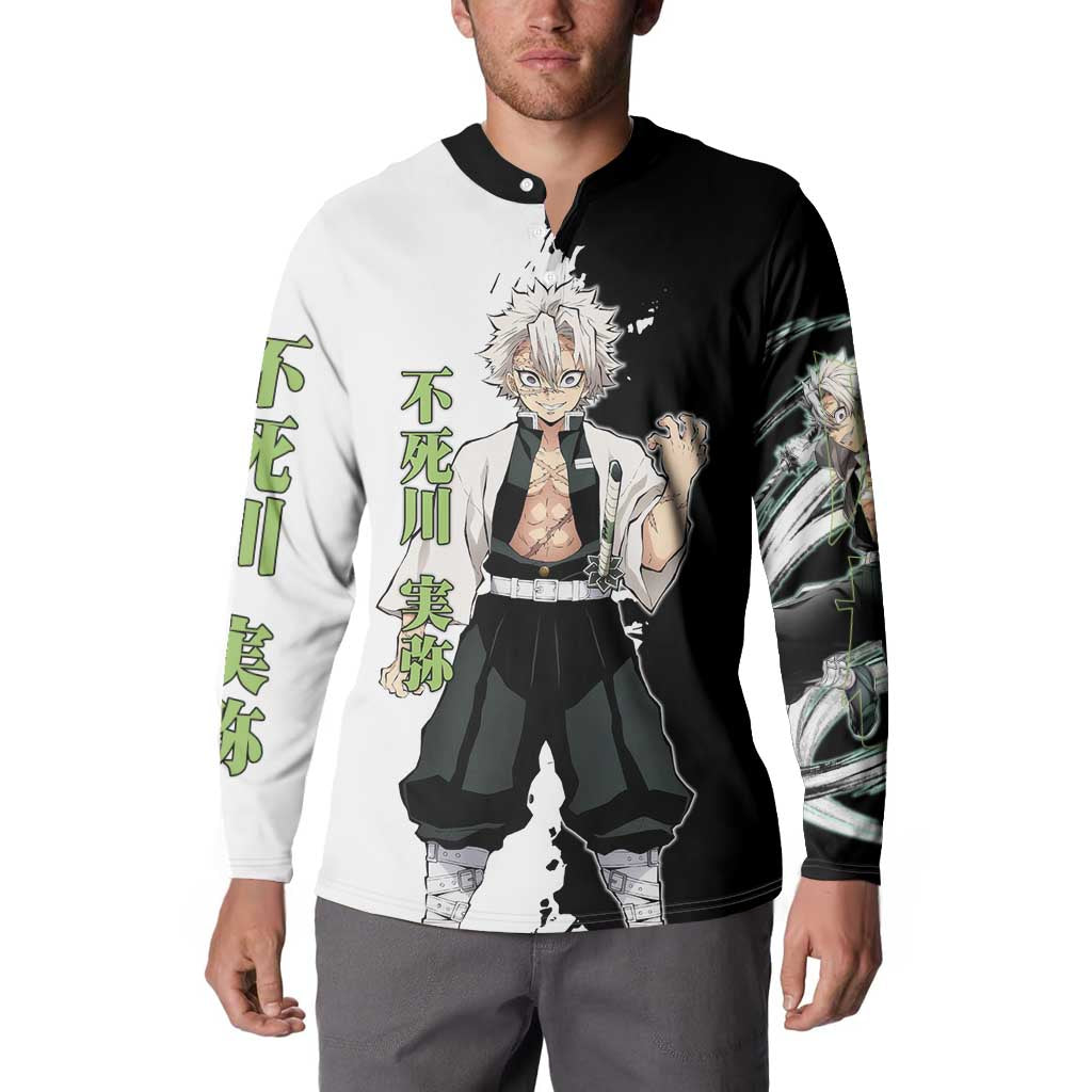 Sanemi Shinazugawa from Demon Slayer Button Sweatshirt with Black and White Split Background and Intense Battle-Ready Manga Style Design - The Mazicc
