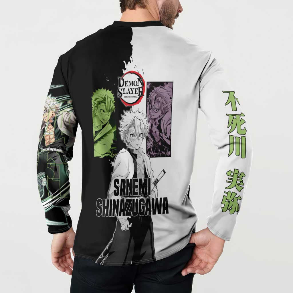 Sanemi Shinazugawa from Demon Slayer Button Sweatshirt with Black and White Split Background and Intense Battle-Ready Manga Style Design - The Mazicc