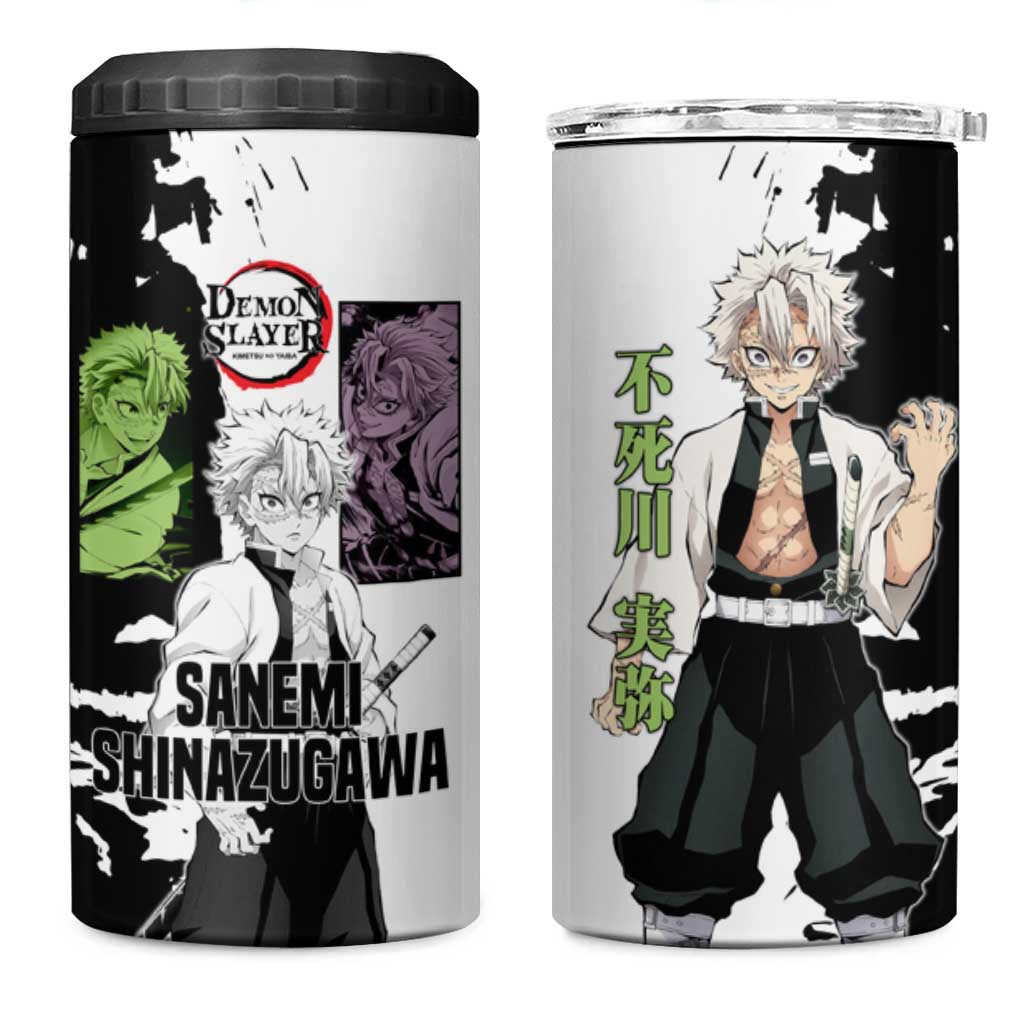 Sanemi Shinazugawa from Demon Slayer 4 in 1 Can Cooler Tumbler with Black and White Split Background and Intense Battle-Ready Manga Style Design - The Mazicc