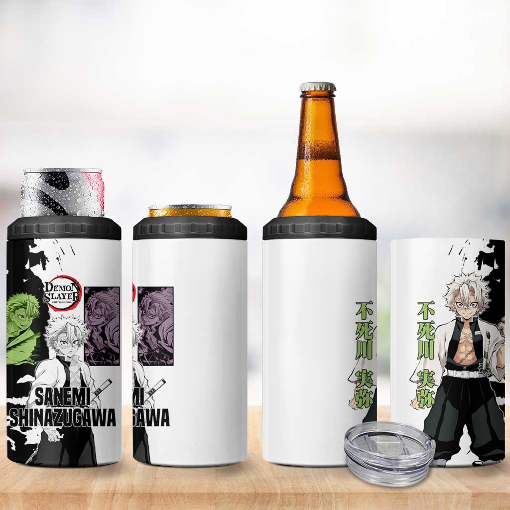 Sanemi Shinazugawa from Demon Slayer 4 in 1 Can Cooler Tumbler with Black and White Split Background and Intense Battle-Ready Manga Style Design - The Mazicc
