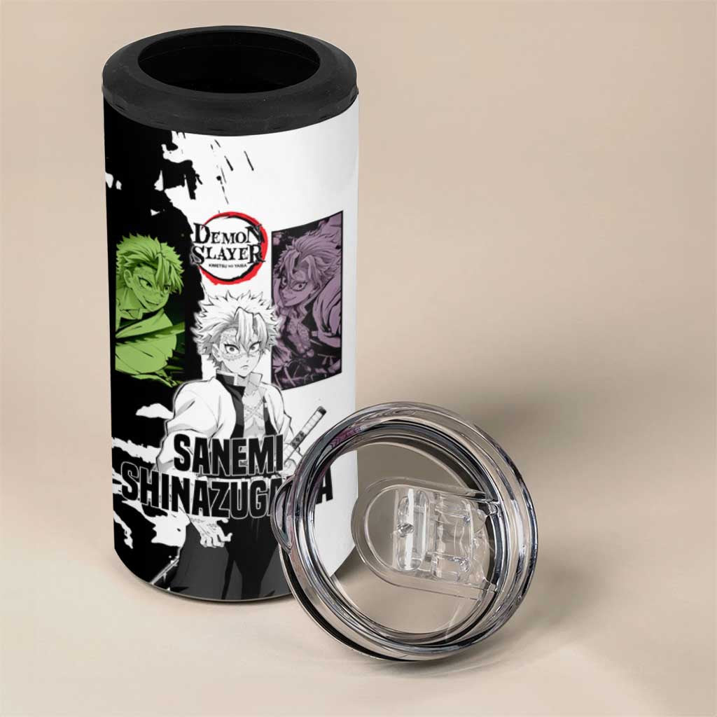 Sanemi Shinazugawa from Demon Slayer 4 in 1 Can Cooler Tumbler with Black and White Split Background and Intense Battle-Ready Manga Style Design - The Mazicc