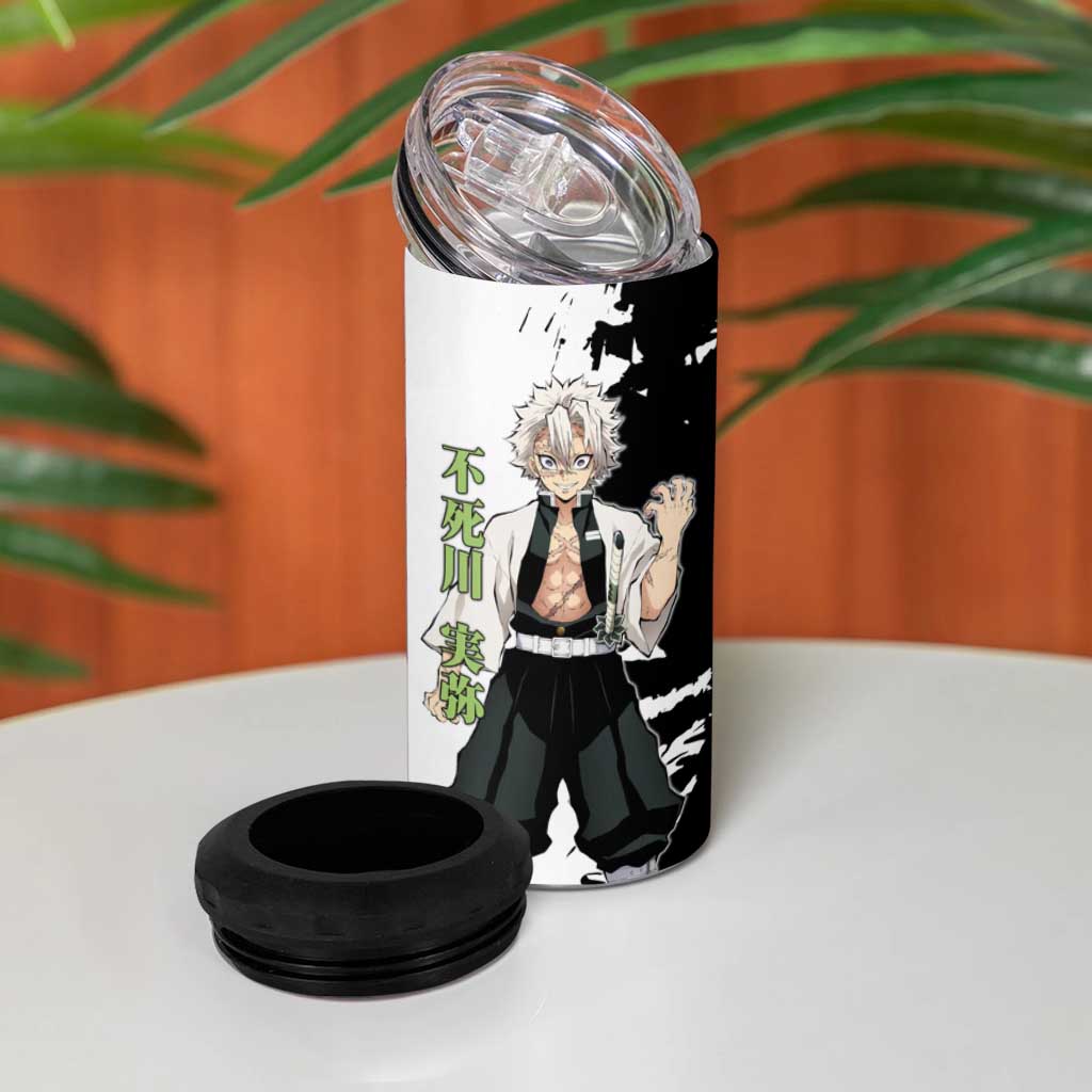 Sanemi Shinazugawa from Demon Slayer 4 in 1 Can Cooler Tumbler with Black and White Split Background and Intense Battle-Ready Manga Style Design - The Mazicc