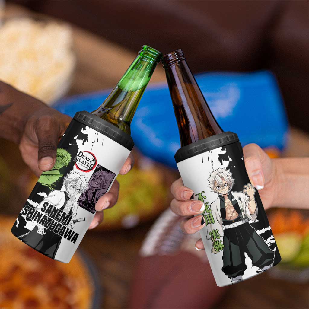 Sanemi Shinazugawa from Demon Slayer 4 in 1 Can Cooler Tumbler with Black and White Split Background and Intense Battle-Ready Manga Style Design - The Mazicc