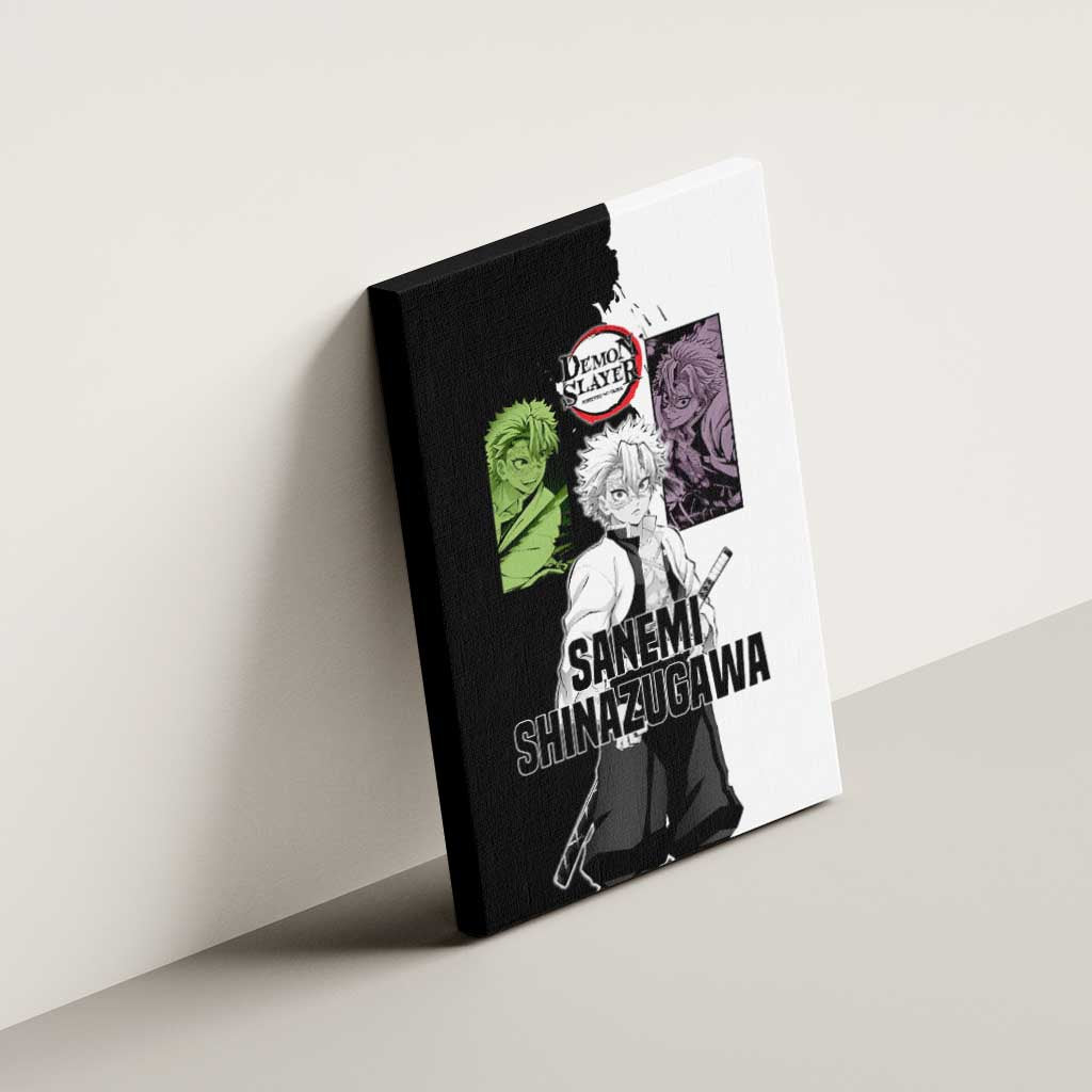 Sanemi Shinazugawa from Demon Slayer Canvas Wall Art with Black and White Split Background and Intense Battle-Ready Manga Style Design - The Mazicc