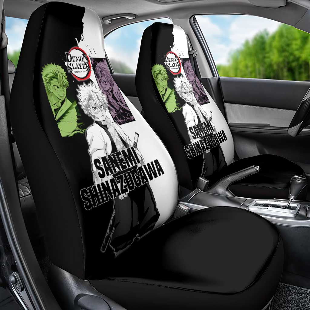Sanemi Shinazugawa from Demon Slayer Car Seat Cover with Black and White Split Background and Intense Battle-Ready Manga Style Design - The Mazicc