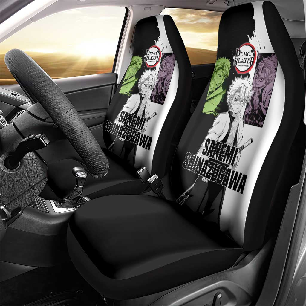 Sanemi Shinazugawa from Demon Slayer Car Seat Cover with Black and White Split Background and Intense Battle-Ready Manga Style Design - The Mazicc