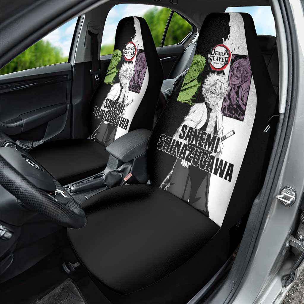 Sanemi Shinazugawa from Demon Slayer Car Seat Cover with Black and White Split Background and Intense Battle-Ready Manga Style Design - The Mazicc