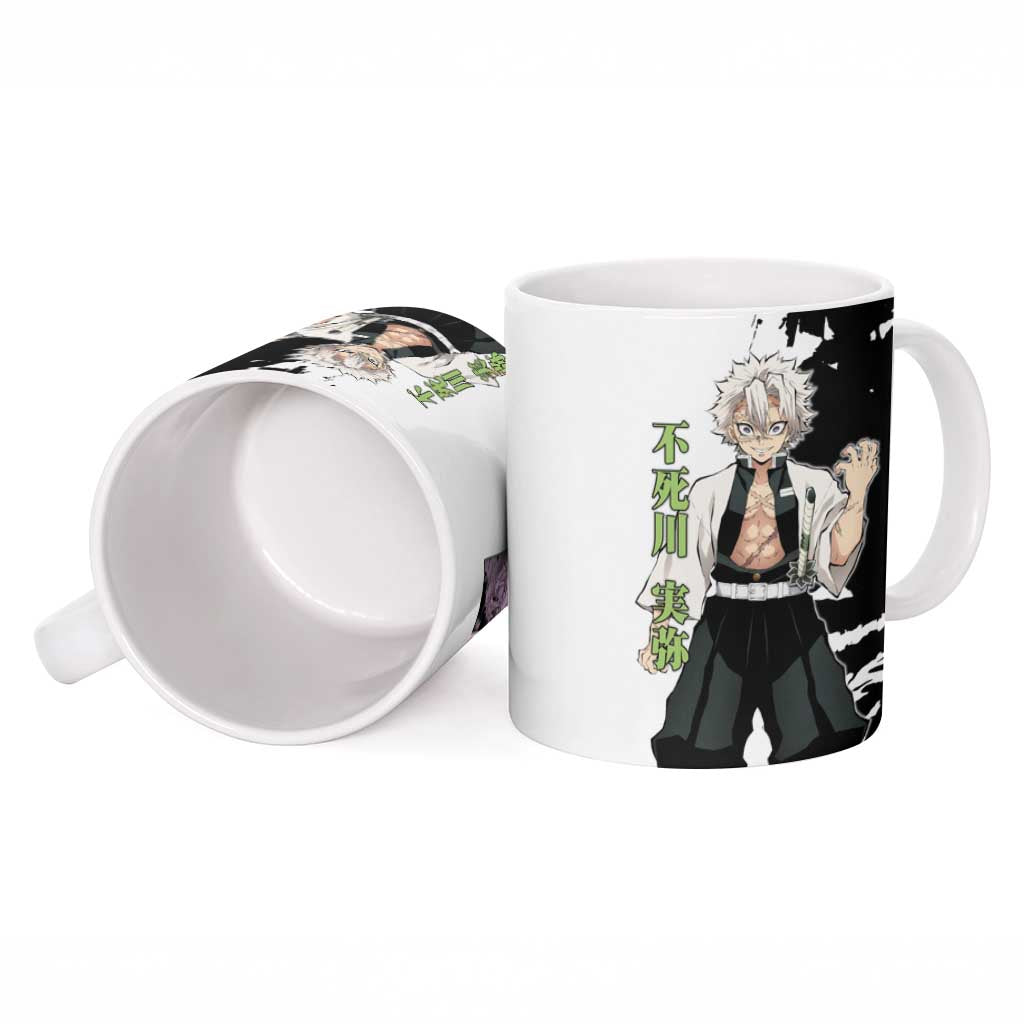 Sanemi Shinazugawa from Demon Slayer Ceramic Mug with Black and White Split Background and Intense Battle-Ready Manga Style Design - The Mazicc