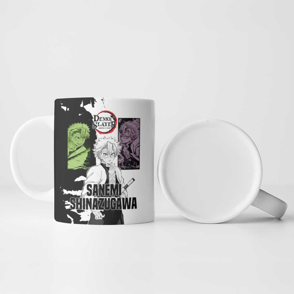 Sanemi Shinazugawa from Demon Slayer Ceramic Mug with Black and White Split Background and Intense Battle-Ready Manga Style Design - The Mazicc