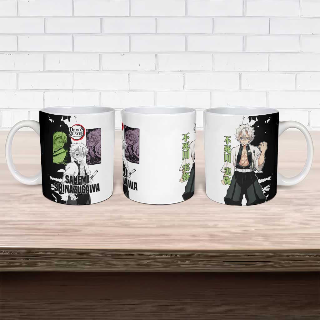 Sanemi Shinazugawa from Demon Slayer Ceramic Mug with Black and White Split Background and Intense Battle-Ready Manga Style Design - The Mazicc