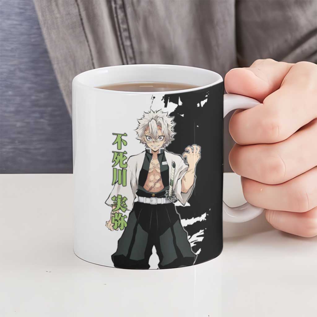 Sanemi Shinazugawa from Demon Slayer Ceramic Mug with Black and White Split Background and Intense Battle-Ready Manga Style Design - The Mazicc
