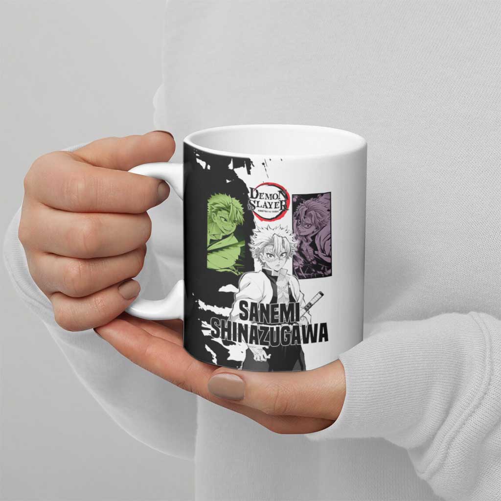 Sanemi Shinazugawa from Demon Slayer Ceramic Mug with Black and White Split Background and Intense Battle-Ready Manga Style Design - The Mazicc