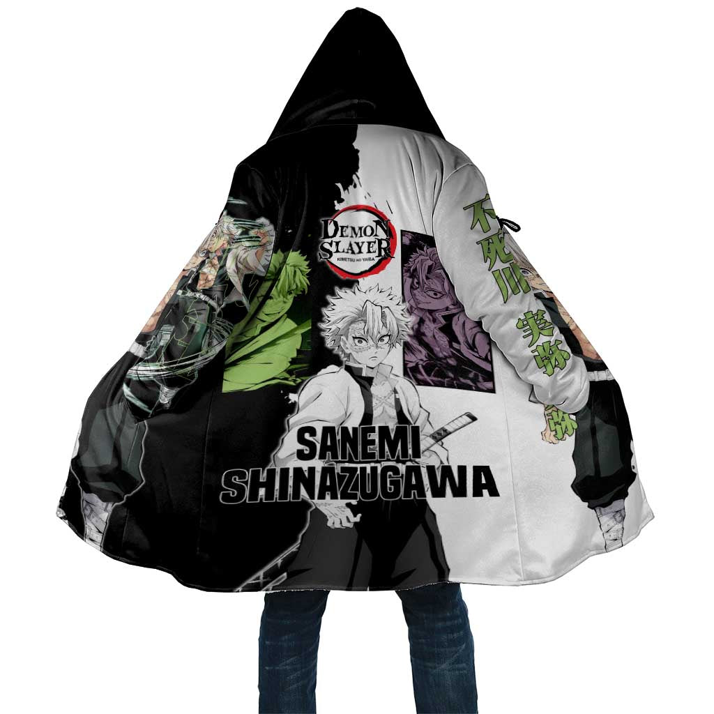 Sanemi Shinazugawa from Demon Slayer Cloak with Black and White Split Background and Intense Battle-Ready Manga Style Design - The Mazicc