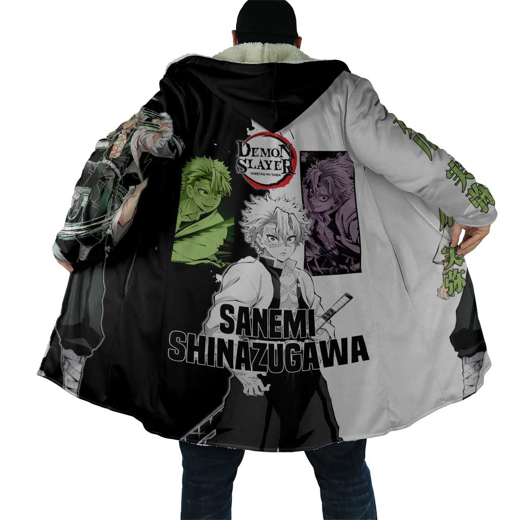 Sanemi Shinazugawa from Demon Slayer Cloak with Black and White Split Background and Intense Battle-Ready Manga Style Design - The Mazicc