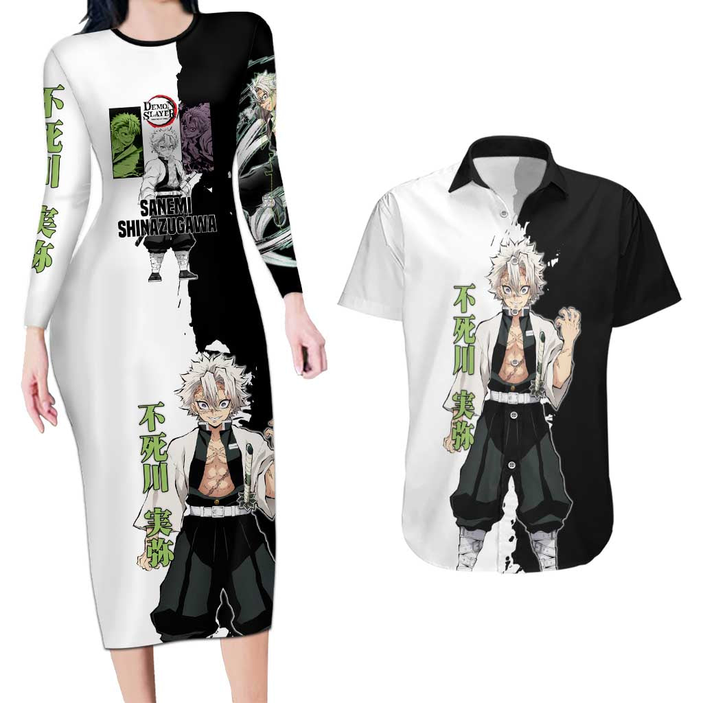 Sanemi Shinazugawa from Demon Slayer Couples Matching Long Sleeve Bodycon Dress and Hawaiian Shirt with Black and White Split Background and Intense Battle-Ready Manga Style Design - The Mazicc