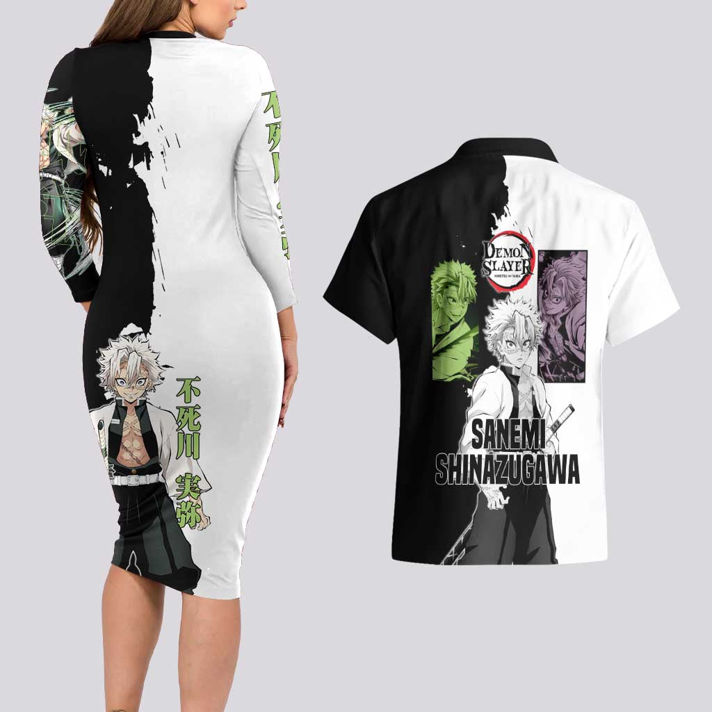 Sanemi Shinazugawa from Demon Slayer Couples Matching Long Sleeve Bodycon Dress and Hawaiian Shirt with Black and White Split Background and Intense Battle-Ready Manga Style Design - The Mazicc