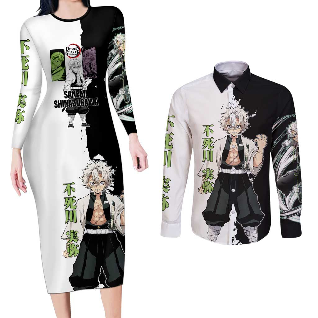 Sanemi Shinazugawa from Demon Slayer Couples Matching Long Sleeve Bodycon Dress and Long Sleeve Button Shirt with Black and White Split Background and Intense Battle-Ready Manga Style Design - The Mazicc
