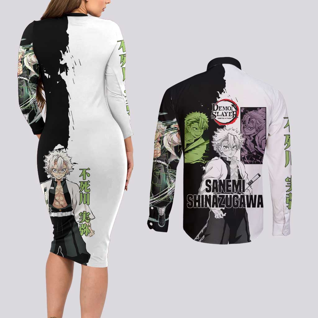 Sanemi Shinazugawa from Demon Slayer Couples Matching Long Sleeve Bodycon Dress and Long Sleeve Button Shirt with Black and White Split Background and Intense Battle-Ready Manga Style Design - The Mazicc
