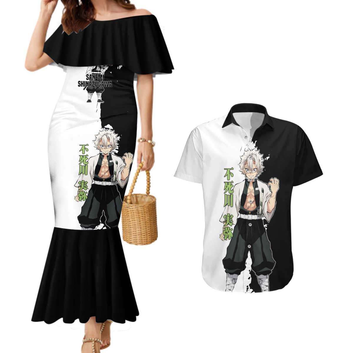Sanemi Shinazugawa from Demon Slayer Couples Matching Mermaid Dress and Hawaiian Shirt with Black and White Split Background and Intense Battle-Ready Manga Style Design - The Mazicc