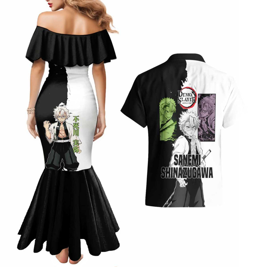 Sanemi Shinazugawa from Demon Slayer Couples Matching Mermaid Dress and Hawaiian Shirt with Black and White Split Background and Intense Battle-Ready Manga Style Design - The Mazicc