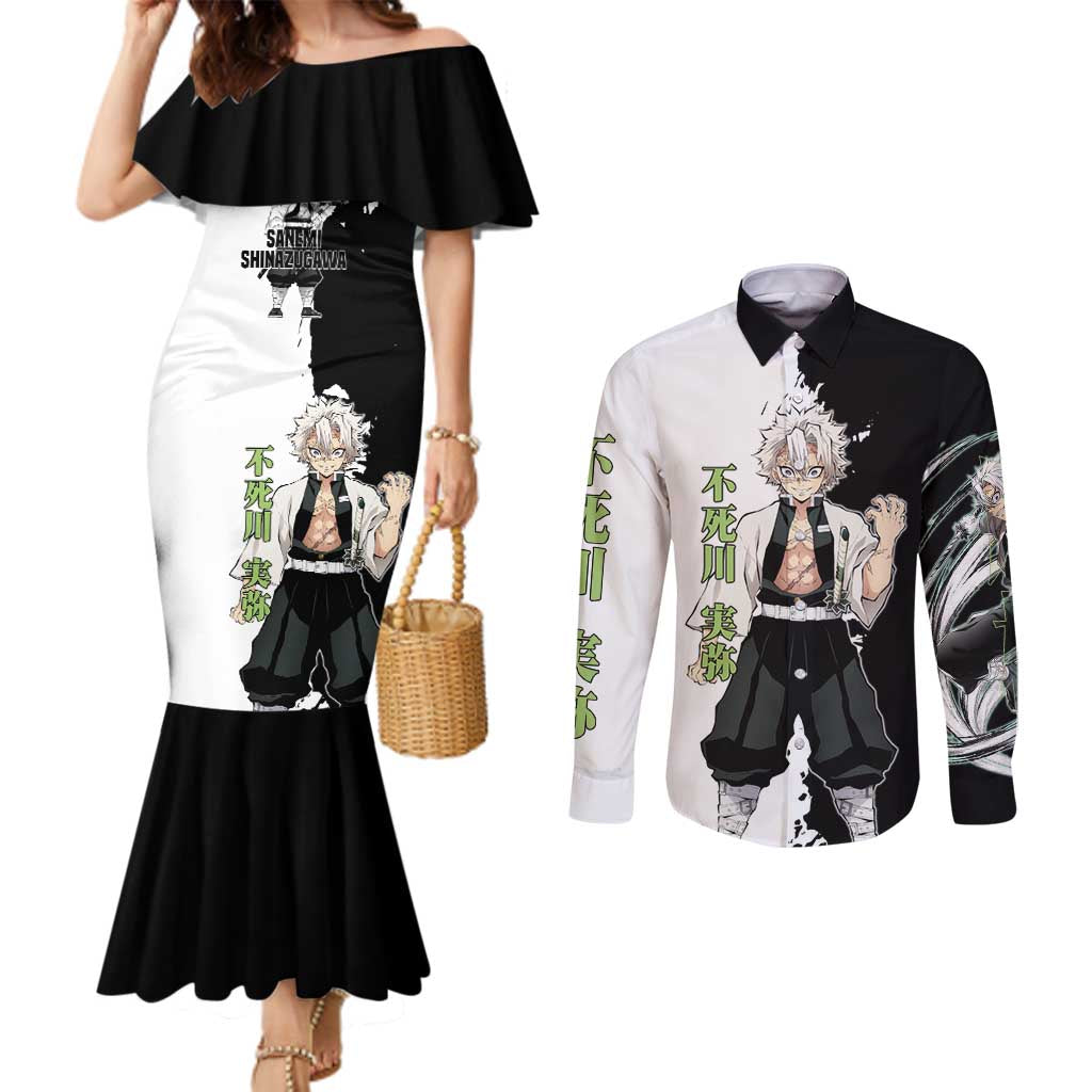 Sanemi Shinazugawa from Demon Slayer Couples Matching Mermaid Dress and Long Sleeve Button Shirt with Black and White Split Background and Intense Battle-Ready Manga Style Design - The Mazicc