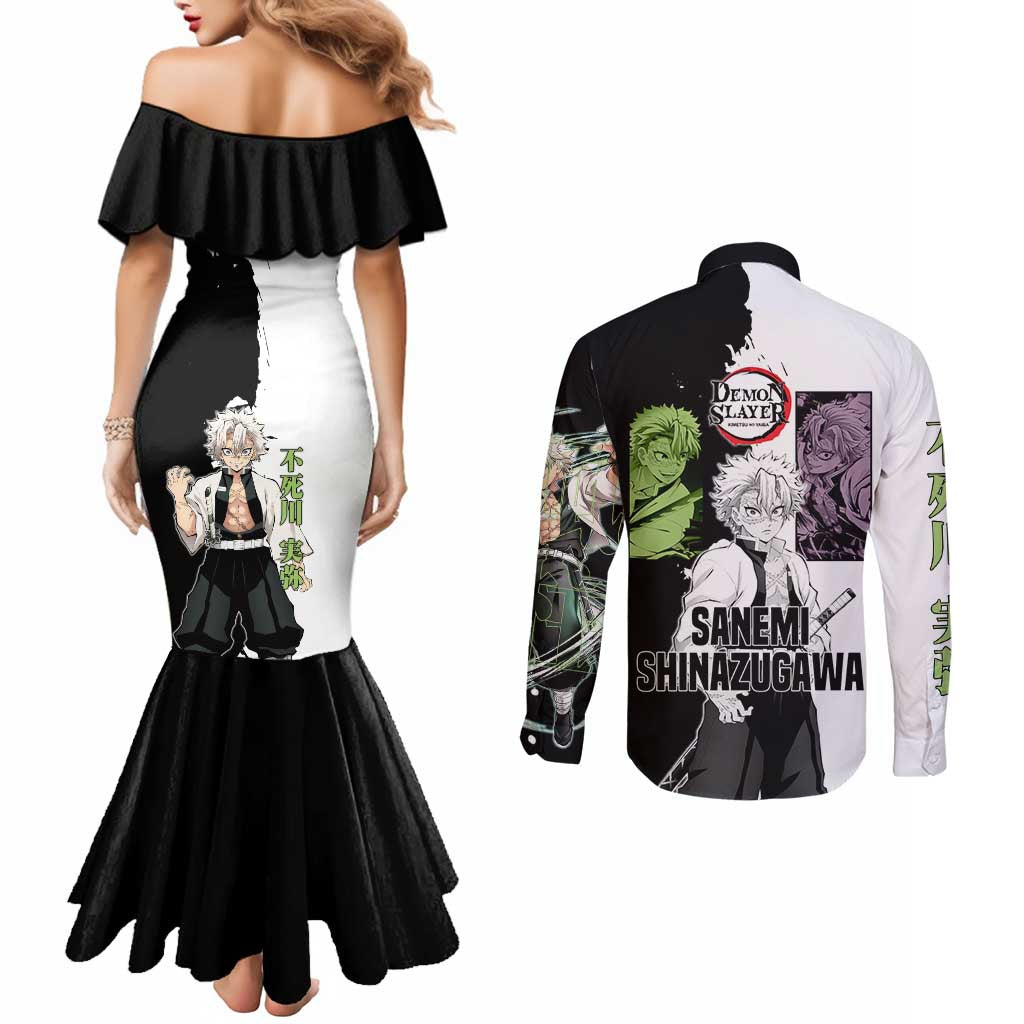 Sanemi Shinazugawa from Demon Slayer Couples Matching Mermaid Dress and Long Sleeve Button Shirt with Black and White Split Background and Intense Battle-Ready Manga Style Design - The Mazicc