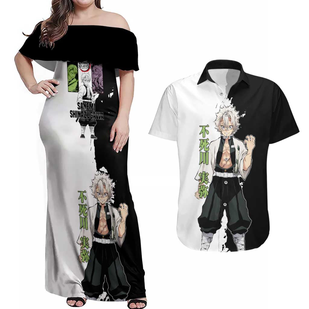 Sanemi Shinazugawa from Demon Slayer Couples Matching Off Shoulder Maxi Dress and Hawaiian Shirt with Black and White Split Background and Intense Battle-Ready Manga Style Design - The Mazicc