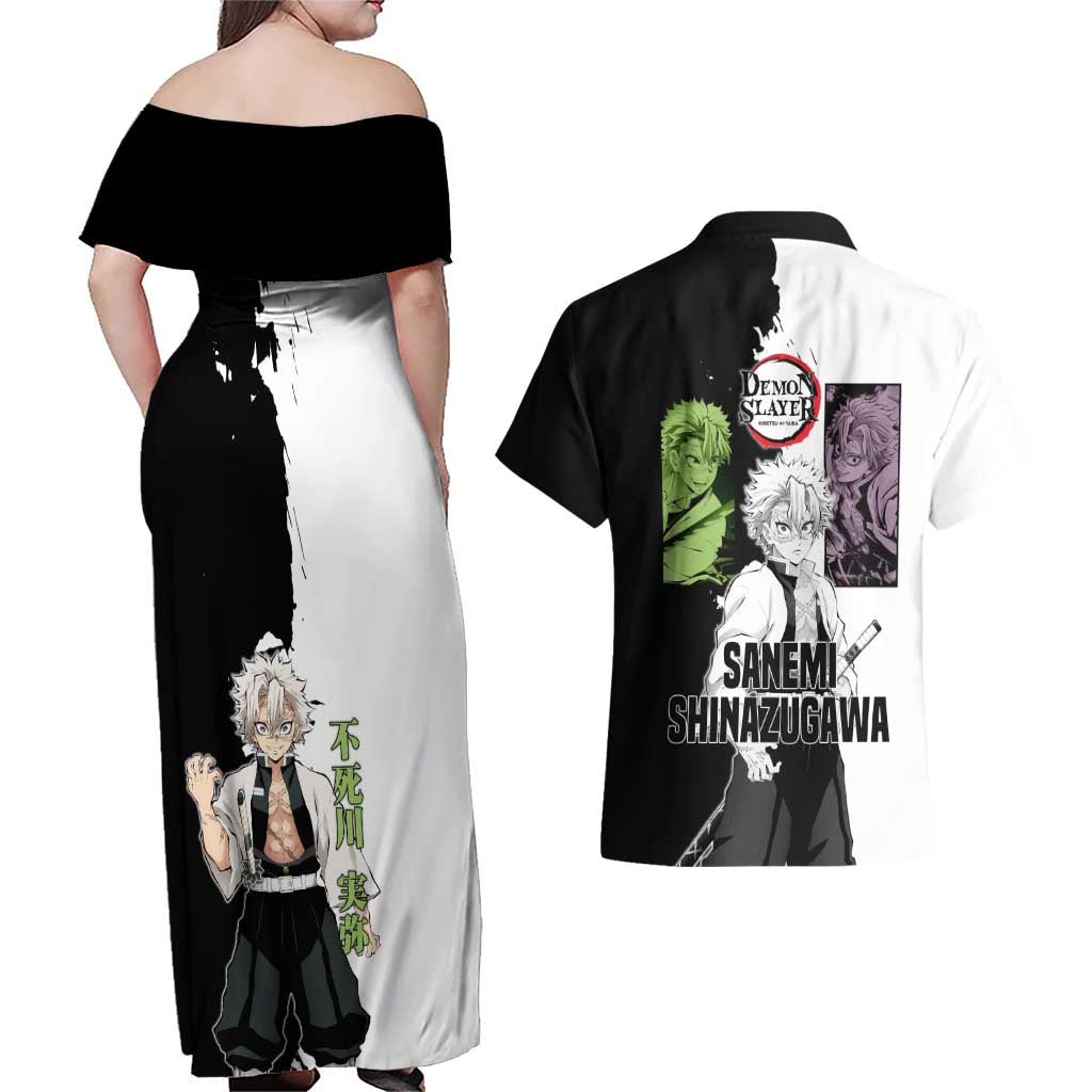Sanemi Shinazugawa from Demon Slayer Couples Matching Off Shoulder Maxi Dress and Hawaiian Shirt with Black and White Split Background and Intense Battle-Ready Manga Style Design - The Mazicc