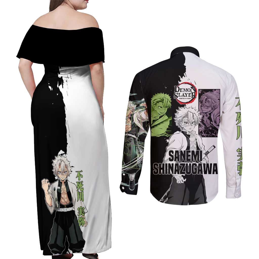 Sanemi Shinazugawa from Demon Slayer Couples Matching Off Shoulder Maxi Dress and Long Sleeve Button Shirt with Black and White Split Background and Intense Battle-Ready Manga Style Design - The Mazicc