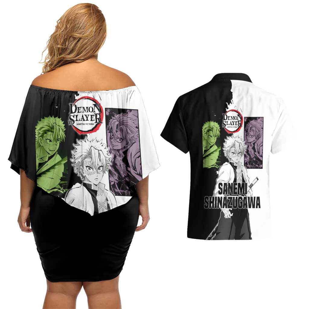 Sanemi Shinazugawa from Demon Slayer Couples Matching Off Shoulder Short Dress and Hawaiian Shirt with Black and White Split Background and Intense Battle-Ready Manga Style Design - The Mazicc