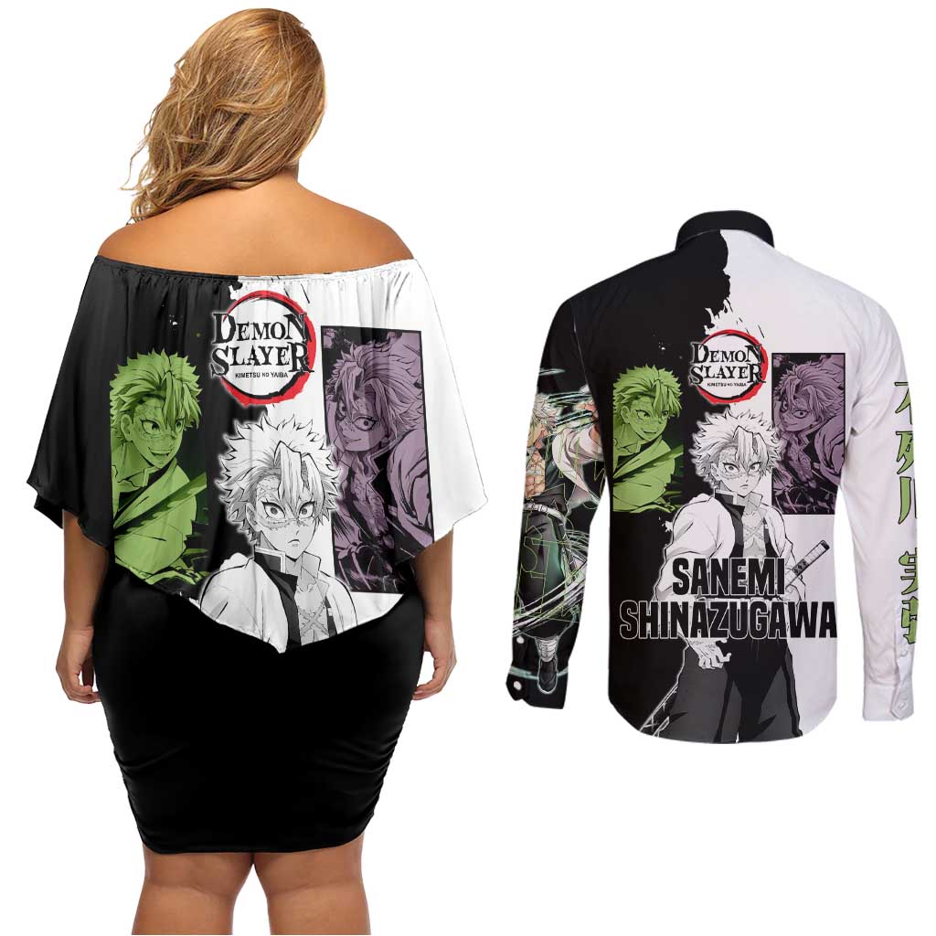 Sanemi Shinazugawa from Demon Slayer Couples Matching Off Shoulder Short Dress and Long Sleeve Button Shirt with Black and White Split Background and Intense Battle-Ready Manga Style Design - The Mazicc