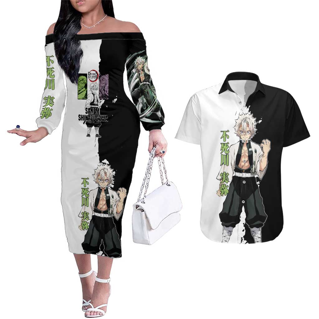 Sanemi Shinazugawa from Demon Slayer Couples Matching Off The Shoulder Long Sleeve Dress and Hawaiian Shirt with Black and White Split Background and Intense Battle-Ready Manga Style Design - The Mazicc