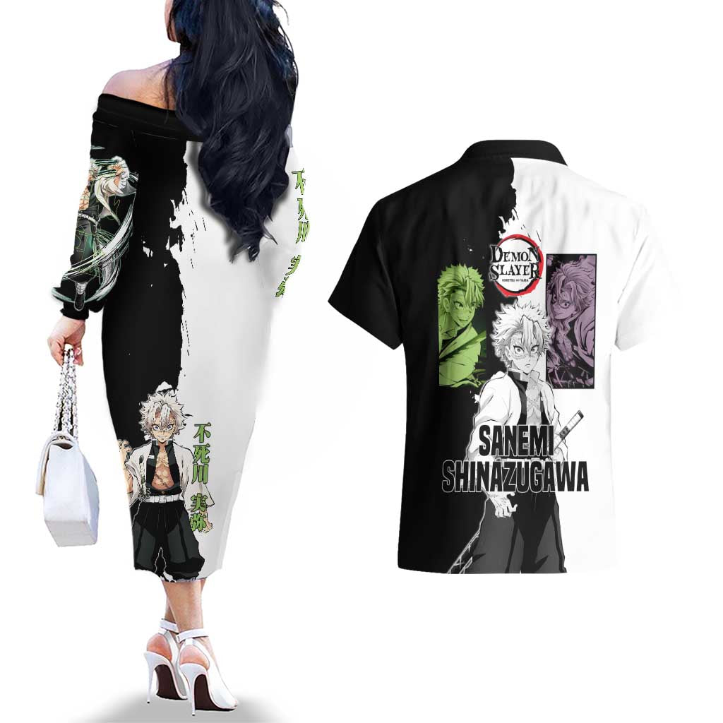 Sanemi Shinazugawa from Demon Slayer Couples Matching Off The Shoulder Long Sleeve Dress and Hawaiian Shirt with Black and White Split Background and Intense Battle-Ready Manga Style Design - The Mazicc