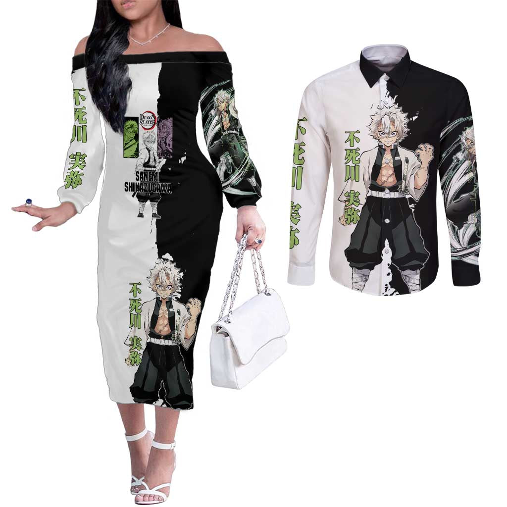 Sanemi Shinazugawa from Demon Slayer Couples Matching Off The Shoulder Long Sleeve Dress and Long Sleeve Button Shirt with Black and White Split Background and Intense Battle-Ready Manga Style Design - The Mazicc