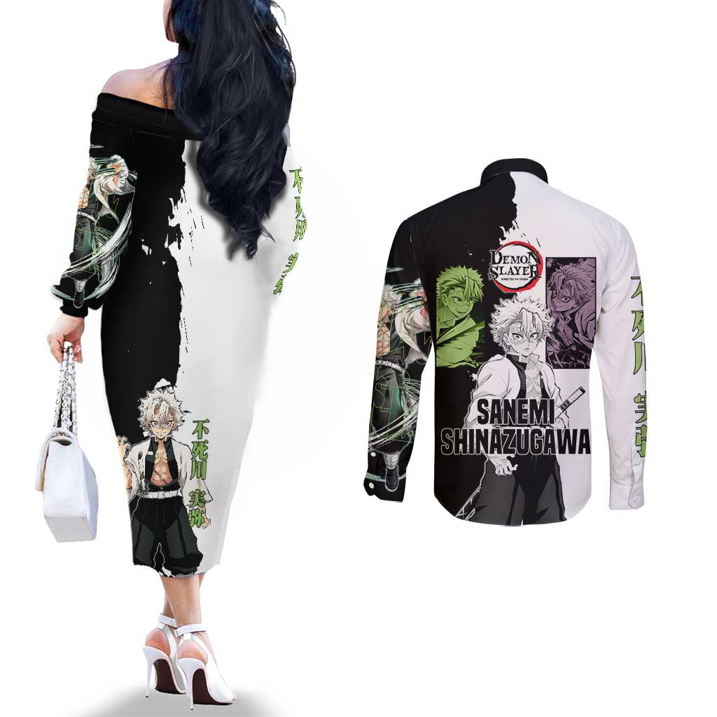 Sanemi Shinazugawa from Demon Slayer Couples Matching Off The Shoulder Long Sleeve Dress and Long Sleeve Button Shirt with Black and White Split Background and Intense Battle-Ready Manga Style Design - The Mazicc