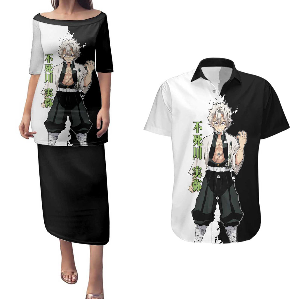 Sanemi Shinazugawa from Demon Slayer Couples Matching Puletasi and Hawaiian Shirt with Black and White Split Background and Intense Battle-Ready Manga Style Design - The Mazicc