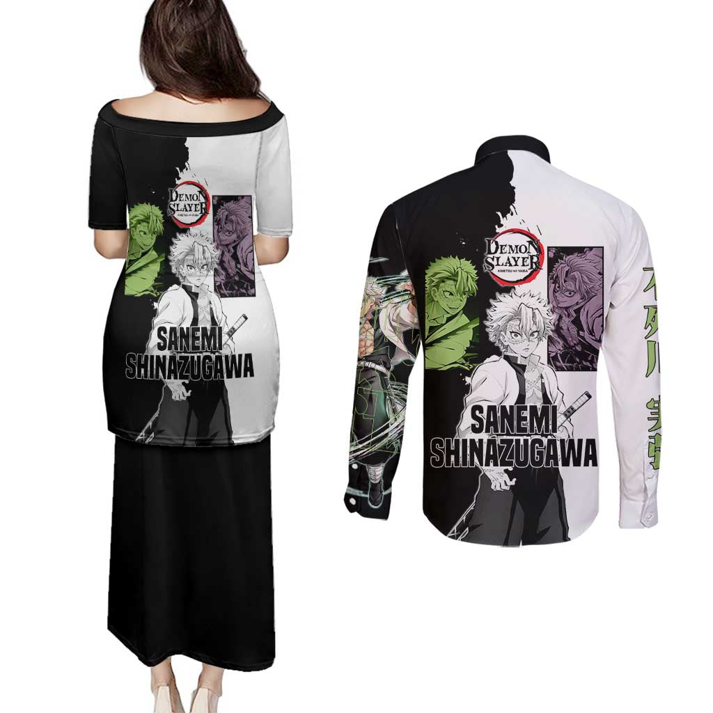 Sanemi Shinazugawa from Demon Slayer Couples Matching Puletasi and Long Sleeve Button Shirt with Black and White Split Background and Intense Battle-Ready Manga Style Design - The Mazicc