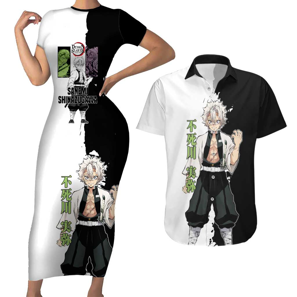 Sanemi Shinazugawa from Demon Slayer Couples Matching Short Sleeve Bodycon Dress and Hawaiian Shirt with Black and White Split Background and Intense Battle-Ready Manga Style Design - The Mazicc