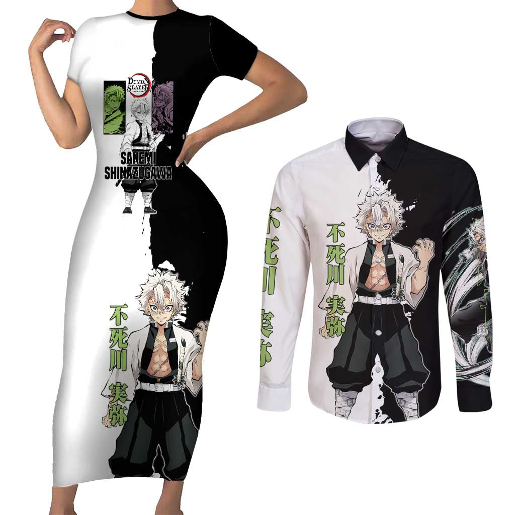 Sanemi Shinazugawa from Demon Slayer Couples Matching Short Sleeve Bodycon Dress and Long Sleeve Button Shirt with Black and White Split Background and Intense Battle-Ready Manga Style Design - The Mazicc