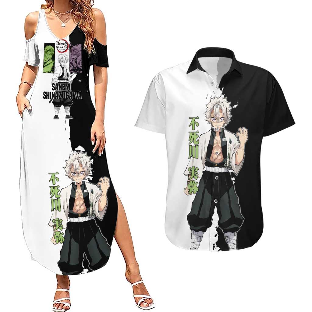 Sanemi Shinazugawa from Demon Slayer Couples Matching Summer Maxi Dress and Hawaiian Shirt with Black and White Split Background and Intense Battle-Ready Manga Style Design - The Mazicc