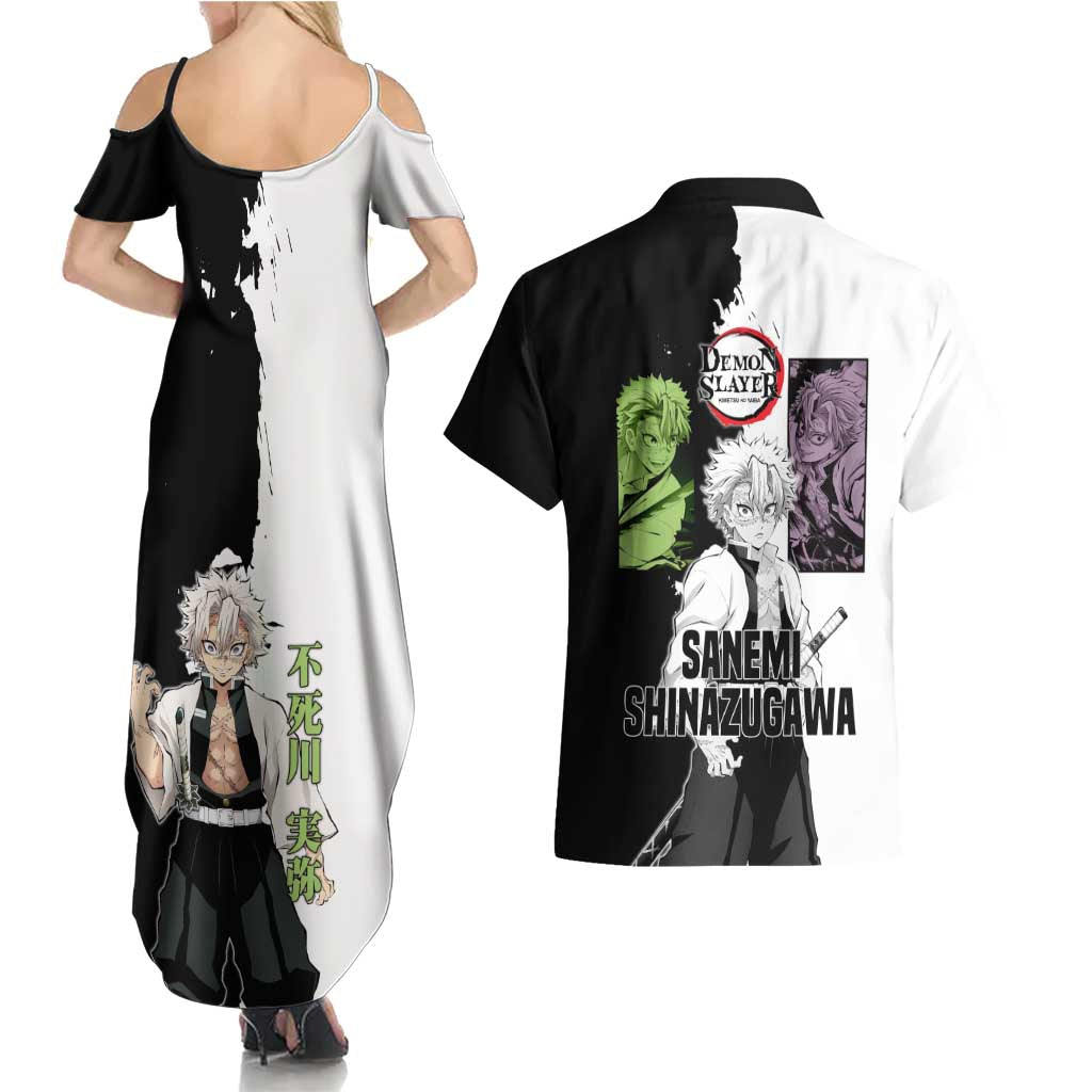 Sanemi Shinazugawa from Demon Slayer Couples Matching Summer Maxi Dress and Hawaiian Shirt with Black and White Split Background and Intense Battle-Ready Manga Style Design - The Mazicc
