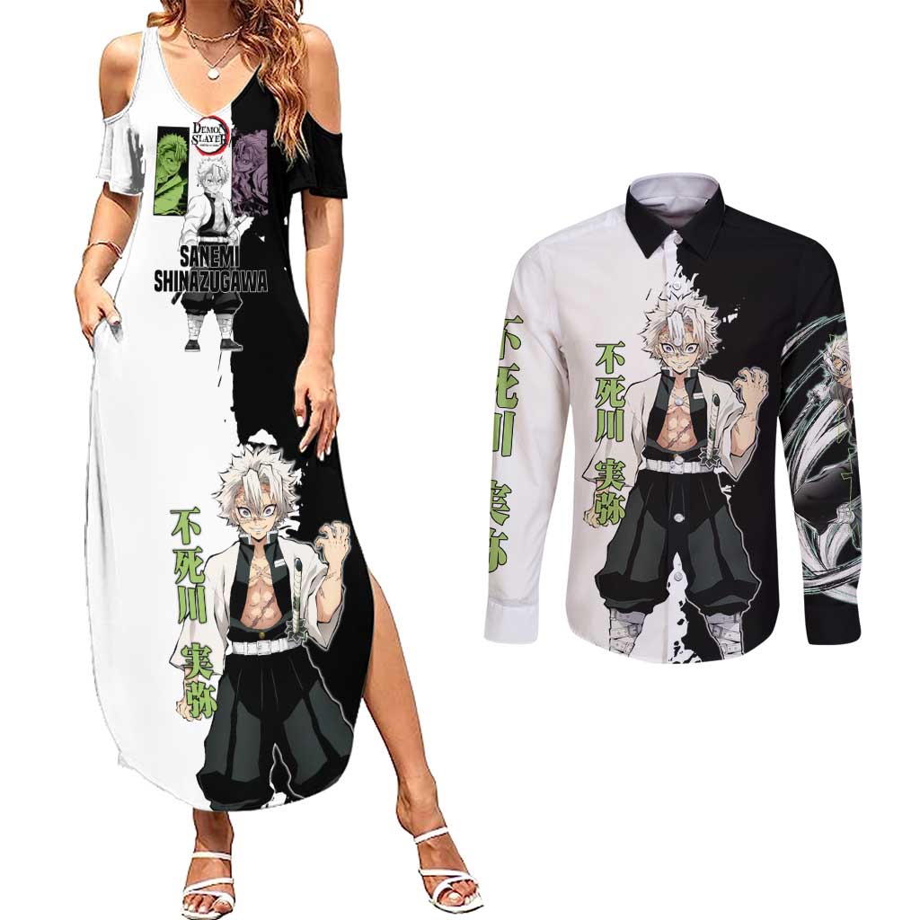 Sanemi Shinazugawa from Demon Slayer Couples Matching Summer Maxi Dress and Long Sleeve Button Shirt with Black and White Split Background and Intense Battle-Ready Manga Style Design - The Mazicc