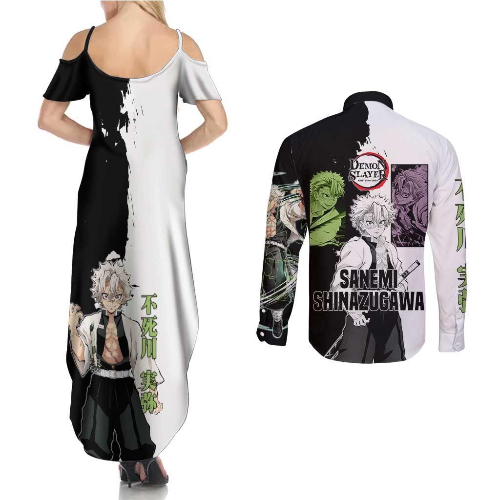 Sanemi Shinazugawa from Demon Slayer Couples Matching Summer Maxi Dress and Long Sleeve Button Shirt with Black and White Split Background and Intense Battle-Ready Manga Style Design - The Mazicc