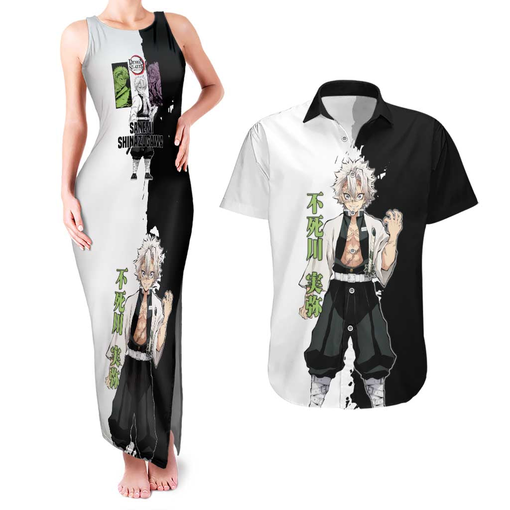 Sanemi Shinazugawa from Demon Slayer Couples Matching Tank Maxi Dress and Hawaiian Shirt with Black and White Split Background and Intense Battle-Ready Manga Style Design - The Mazicc